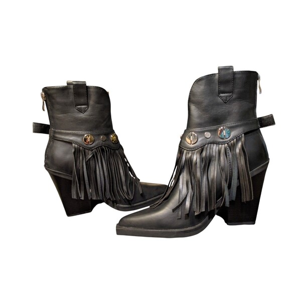 NEW Dolls Kill Simmi Darii Fringe Ankle Boots Women's Sz 8 Black Western Grunge - Picture 5 of 11